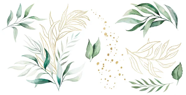 Geometryczny Złoty Bukiet Wykonany Zielonych Liści Eukaliptusa Akwarelowego Odizolowana Ilustracja — Zdjęcie stockowe