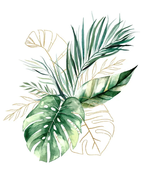 Bouquet Aus Grünen Und Goldenen Aquarell Tropischen Monstera Palmen Und — Stockfoto
