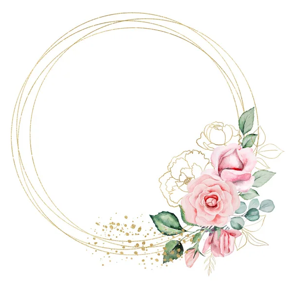 Round Geometric golden Frame frame made of pink watercolor flowers and green leaves isolated. Round floral element for summer wedding stationery and greetings cards, copy space