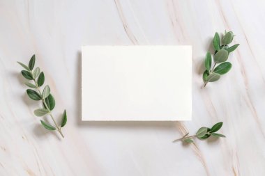 Okaliptüs dalları ile dekore edilmiş mermer bir masada yatay kart, Düğün Mockup. Boş kağıt menü kartıyla romantik bir daire. Minimum bileşim. Doğaya yakın ve basitlik kavramları