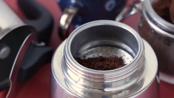 Process Making Coffee Italian Moka Pot Ground Coffee Put Moka — Stock Video