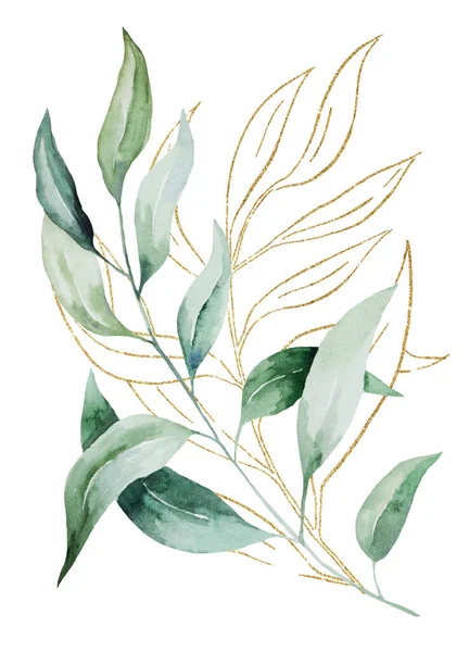 Green Golden Outlines Botanical Watercolor Leaves Illustration Isolated Single Elements — Stockfoto
