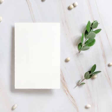 Okaliptüs dalları ve beyaz taşlarla süslenmiş mermer bir masa üzerindeki dikey kart, düğün modeli. Boş davetiye kartıyla romantik bir daire. Minimum bileşim. Doğaya yakın. 