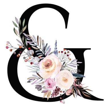 Beyaz üzerine izole edilmiş pastel suluboya kış buketi olan sembol amperleri. Yaprakları, böğürtlenleri ve çiçekleri mavi açık mor ve pembe olan kış boho alfabesi. Düğün tasarımı için çiçek elementi