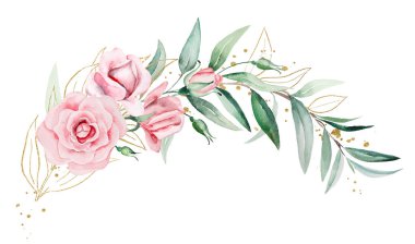 Açık pembe suluboya çiçeklerden ve izole edilmiş yeşil yapraklardan yapılmış romantik bir demet. Yaz düğün kırtasiyesi ve tebrik kartları için çiçek.