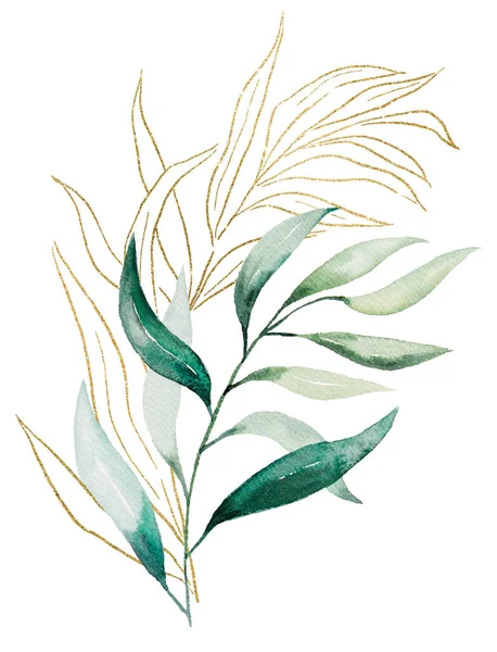 Green Golden Outlines Botanical Watercolor Leaves Illustration Isolated Single Elements — Zdjęcie stockowe