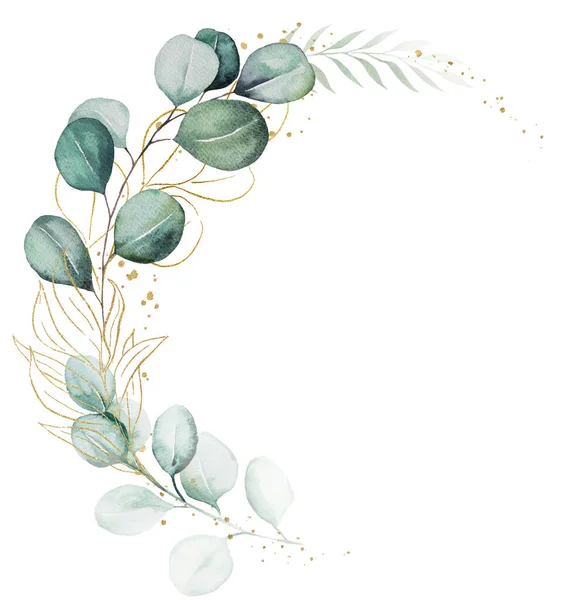 Couronne Faite Feuilles Brindilles Eucalyptus Aquarelle Verte Dorée Illustration Isolée — Photo