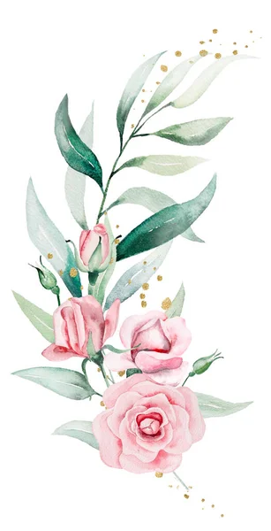 Ρομαντικό Πλαίσιο Μπουκέτο Από Ανοιχτό Ροζ Λουλούδια Ακουαρέλα Και Πράσινα — Φωτογραφία Αρχείου