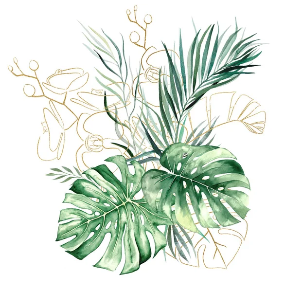 Букет Зеленых Золотых Акварельных Тропических Монстров Пальмовых Банановых Листьев Орхидеи — стоковое фото
