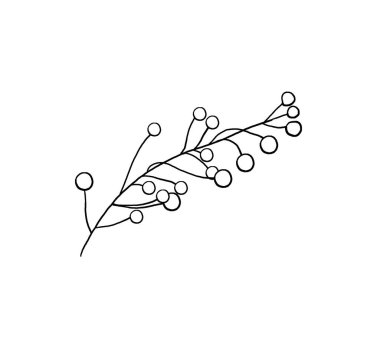 Noel 'de çizilen böğürtlen silueti, siyah çizgiler, izole bir element. İşleme stili. Kış kırtasiyesi için resim, tatil partisi davetiyeleri, selamlar