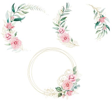 Romantik buket, çelenk ve açık pembe suluboya çiçekleri ve yeşil yapraklardan yapılmış çerçeve, izole bir illüstrasyon. Yaz düğün kırtasiyesi ve tebrik kartları için çiçek.
