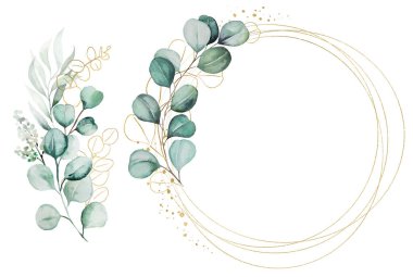 Yeşil suluboya okaliptüs yaprakları ve dallardan yapılmış geometrik altın çerçeve ve buket, izole illüstrasyon, kopyalama alanı. Romantik düğün kırtasiyesi, tebrik kartları.