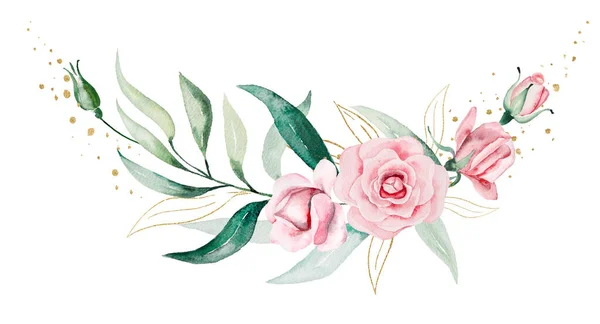 浪漫的花束框架由浅粉色水彩花和绿叶插图制成 夏季婚礼文具和贺卡的花卉元素 — 图库照片