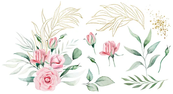 浪漫的花束框架 由浅粉色水彩花和绿色叶子与单一的元素 孤立的说明 夏季婚礼文具和贺卡的花卉元素 — 图库照片