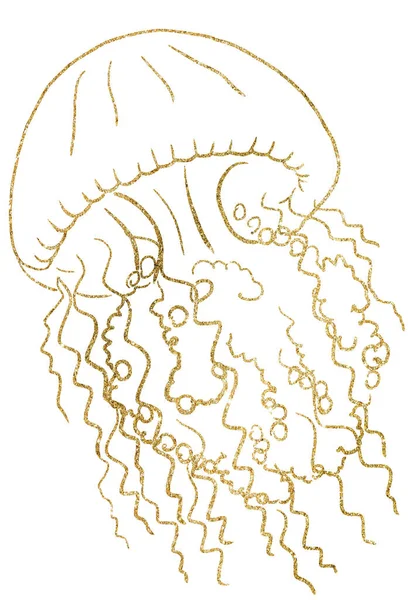 Złote Kontury Meduzy Akwarelowe Pojedynczy Element Podwodne Ilustracja Kartek Okolicznościowych — Zdjęcie stockowe