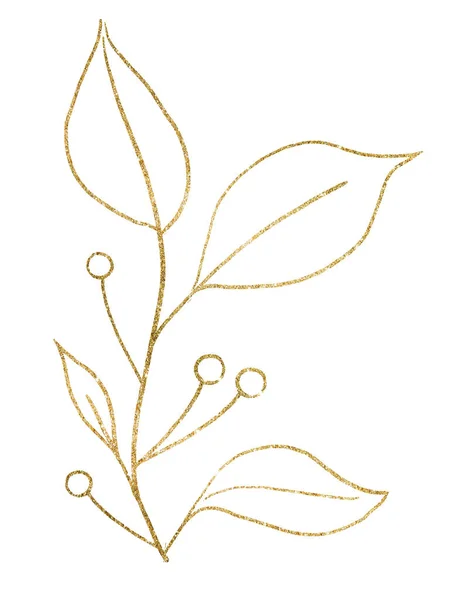 Boże Narodzenie Ręcznie Rysowane Liście Sylwetką Jagód Złote Zarysy Pojedynczy — Zdjęcie stockowe