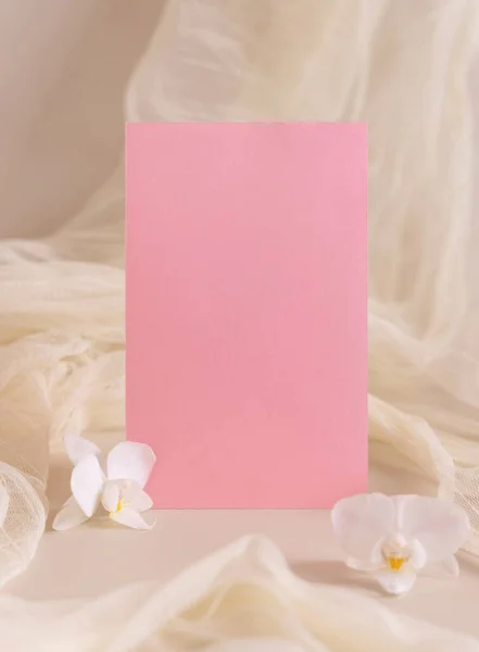 Blank Pink Card White Orchid Flowers Tulle Light Beige Closeup — Stock Photo, Image