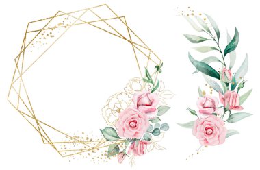 Romantik buket ve açık pembe suluboya çiçeklerden ve izole edilmiş yeşil yapraklardan yapılmış çerçeve. Yaz düğün kırtasiyesi ve tebrik kartları için çiçek.