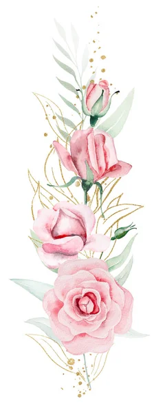 Cadre Romantique Bouquet Composé Fleurs Aquarelle Rose Clair Illustration Feuilles — Photo