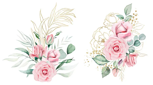 Romantiska Buketter Ram Gjord Ljusrosa Akvarell Blommor Och Gröna Blad — Stockfoto