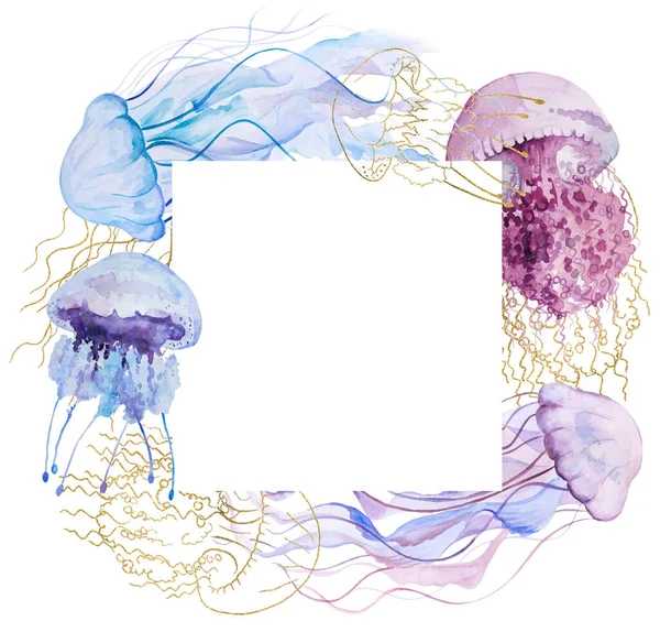 Kwadratowa Ramka Akwarelą Złota Różowa Jasnofioletowa Meduza Izolowany Element Podwodne — Zdjęcie stockowe