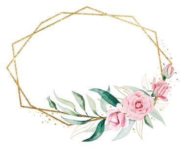 Açık pembe suluboya çiçeklerden ve yeşil ve altın yapraklardan yapılmış çerçeve izole edilmiş. Romantik düğün veya sevgililer günü kırtasiyesi ve tebrik kartları için temel öğe