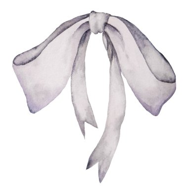 Noel ya da yeni yıl suluboya beyaz kurdele yayı izole edilmiş. Kış tatili için hediye kutuları, selamlar, duvar kağıtları, posterler.