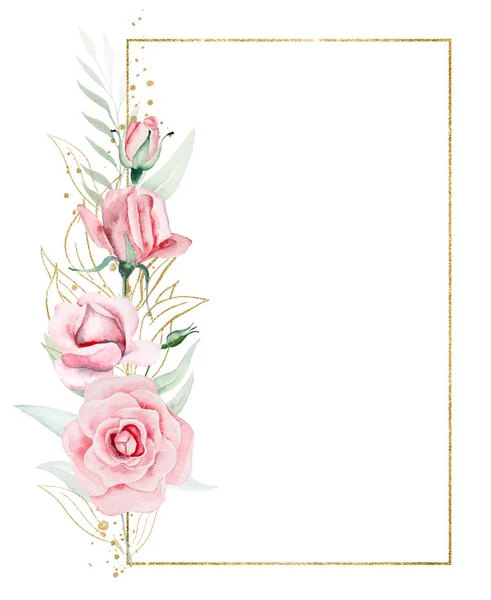 淡いピンクの水彩の花と緑と金色の葉のイラストで作られたフレームのフレームは隔離されました ロマンチックな結婚式やバレンタインの文房具や挨拶カードのための花の要素 — ストック写真