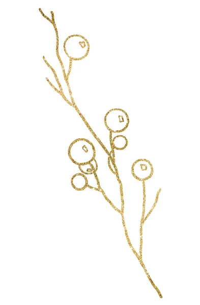 Vánoční Ručně Kreslené Bobule Silueta Zlaté Obrysy Izolovaný Prvek Styl — Stock fotografie