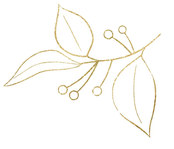 Natal Mão Folhas Desenhadas Com Silhueta Bagas Contornos Dourados Elemento — Fotografia de Stock