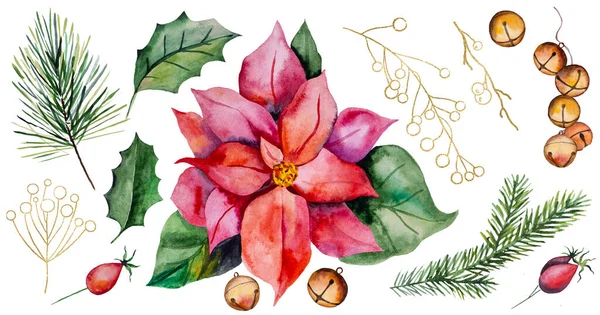 Ramo Acuarela Navidad Con Flor Poinsettia Ramas Abeto Bayas Campanas —  Fotos de Stock