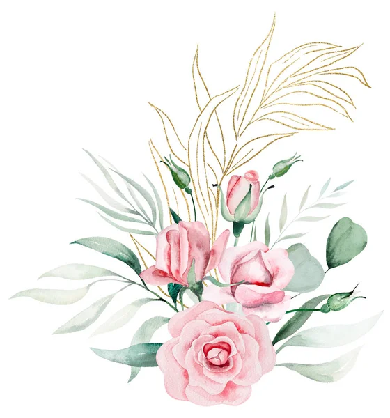 Romantikus Csokor Keret Készült Világos Rózsaszín Akvarell Virágok Zöld Levelek — Stock Fotó