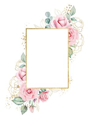 Açık pembe suluboya güller, yeşil ve altın yapraklardan yapılmış rahim, izole edilmiş. Romantik düğün veya sevgililer günü kırtasiyesi ve tebrik kartları için temel öğe