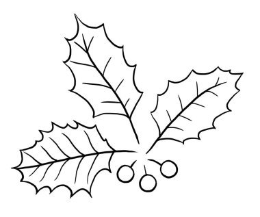 Noel 'de çizilen kutsal böğürtlen yaprakları silueti, siyah çizgiler, izole bir element. İşleme stili. Kış tatili için resim, selamlar, duvar kağıtları, posterler