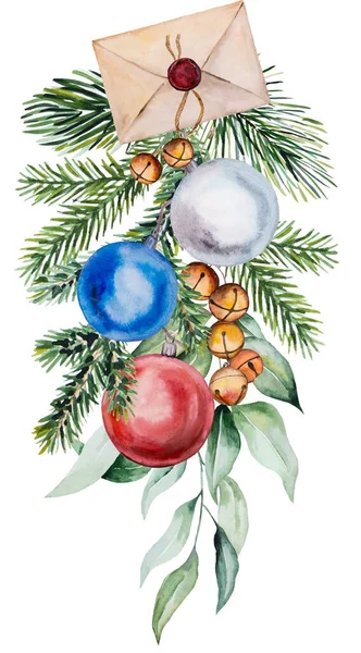 Kerst Aquarel Illustratie Met Verzegelde Envelop Kerstballen Sparren Takken Klokken — Stockfoto