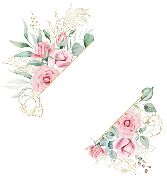 Goldeb Rahmen Aus Hellrosa Aquarell Rosen Blumen Und Blätter Illustration — Stockfoto