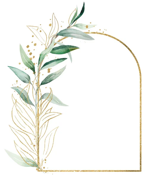 Moldura Dourada Geométrica Feita Folhas Aquarela Verde Claro Ilustração Isolada — Fotografia de Stock