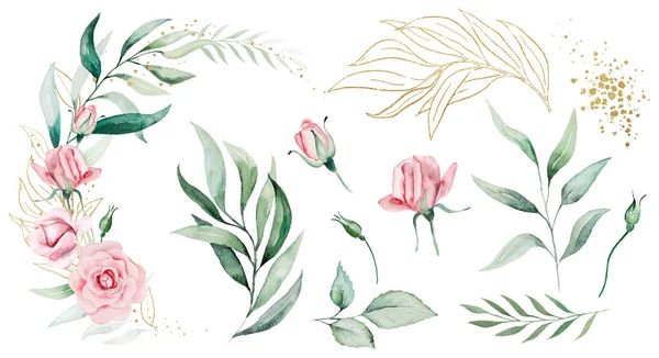 浪漫的花束框架 由浅粉色水彩花和绿色叶子与单一的元素 说明孤立 夏季婚礼文具和贺卡的花卉元素 — 图库照片