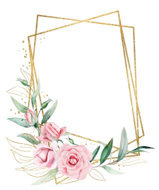 Açık pembe suluboya çiçeklerden ve yeşil ve altın yapraklardan yapılmış çerçeve izole edilmiş. Romantik düğün veya sevgililer günü kırtasiyesi ve tebrik kartları için temel öğe