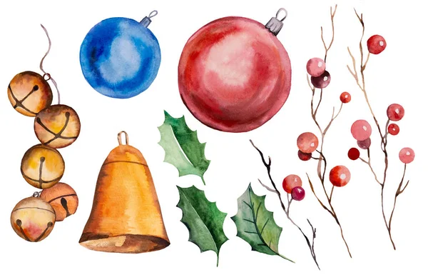 Akwarela Kolorowe Christmas Clipart Pojedyncze Ilustracji Bombki Dzwony Liście Jagody — Zdjęcie stockowe