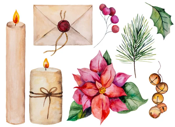 Acuarela Colorida Navidad Clipart Ilustración Aislada Velas Sobre Sellado Flor —  Fotos de Stock