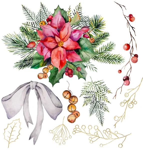 Рождественский Акварельный Букет Цветами Poinsettia Елки Ягоды Колокола Изолированная Иллюстрация — стоковое фото