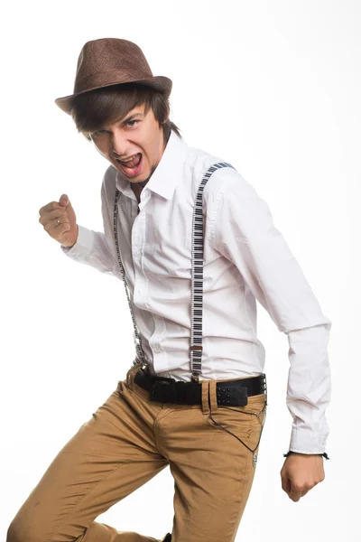 Young active hat and suspenders — Stock Photo, Image