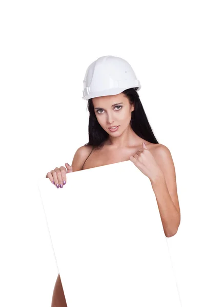 Naken sexig tjej med vit tablett. i hjälmen — Stockfoto