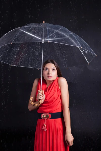 Girl in a red dress in the rain — Stock Photo, Image