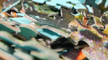 extremely close-up detailed plan. a bunch of randomly lying puzzle pieces