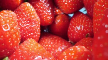 food background. extremely close up detailed bunch of strawberries on a blue background