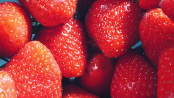 Food background. extremely close up detailed bunch of strawberries on a blue background — Stockvideo