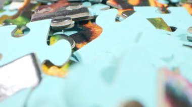 extremely close-up detailed plan. a bunch of randomly lying puzzle pieces