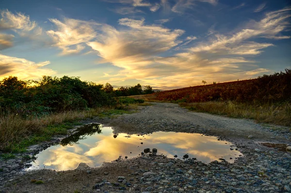 Pôr do sol de verão com nuvens refletindo na poça. — Fotografia de Stock